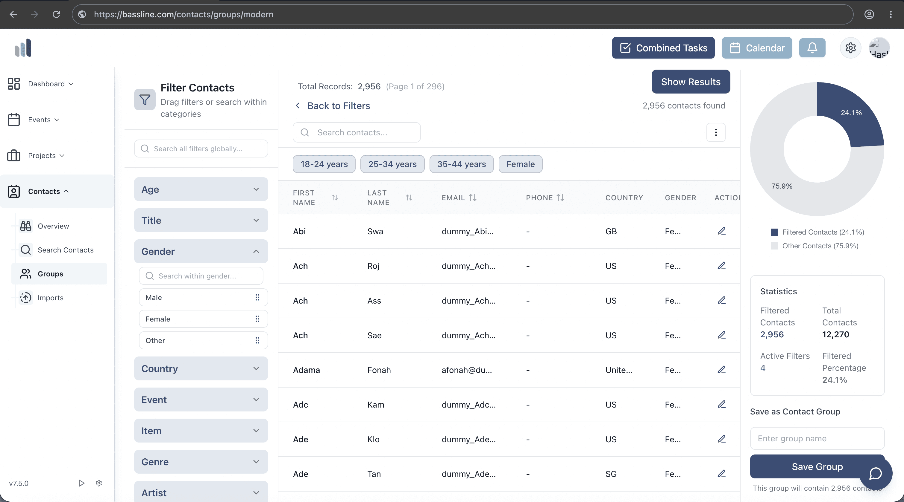 The Filter Contacts page in the browser, with age filters applied and the matching contacts listed