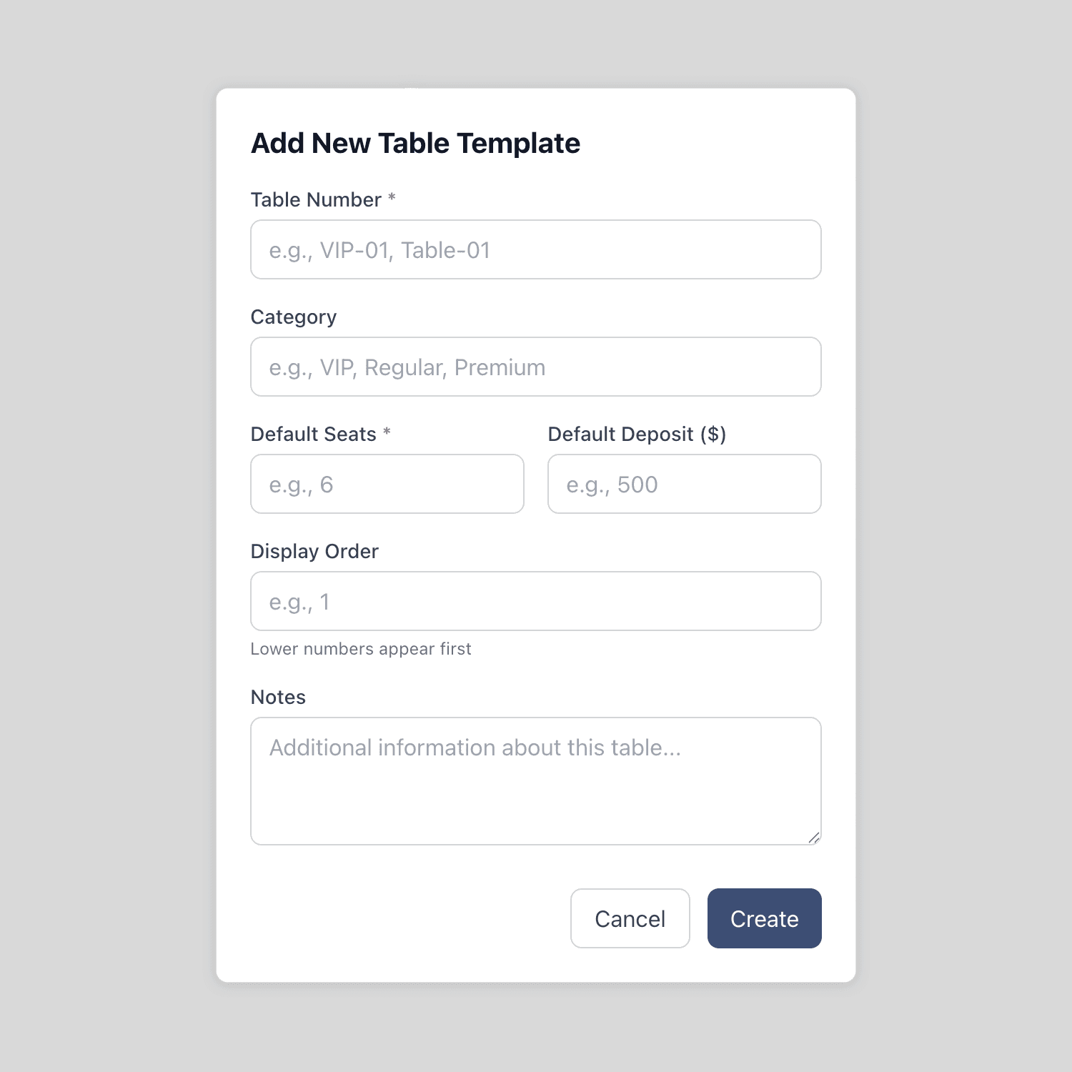 The first add-table form: fields only