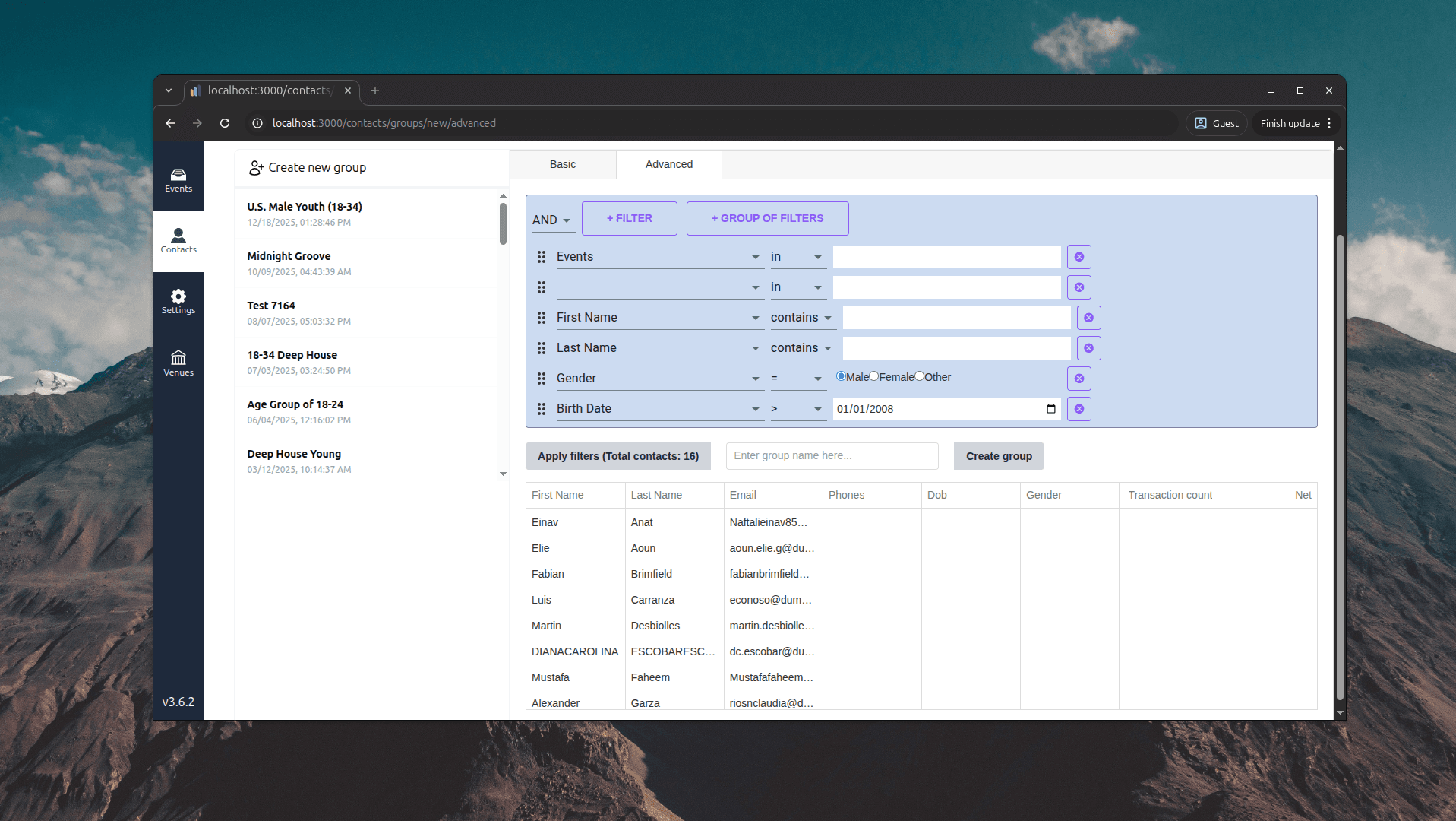 The old query builder: rows of field, operator and value dropdowns such as Gender in Male, Female