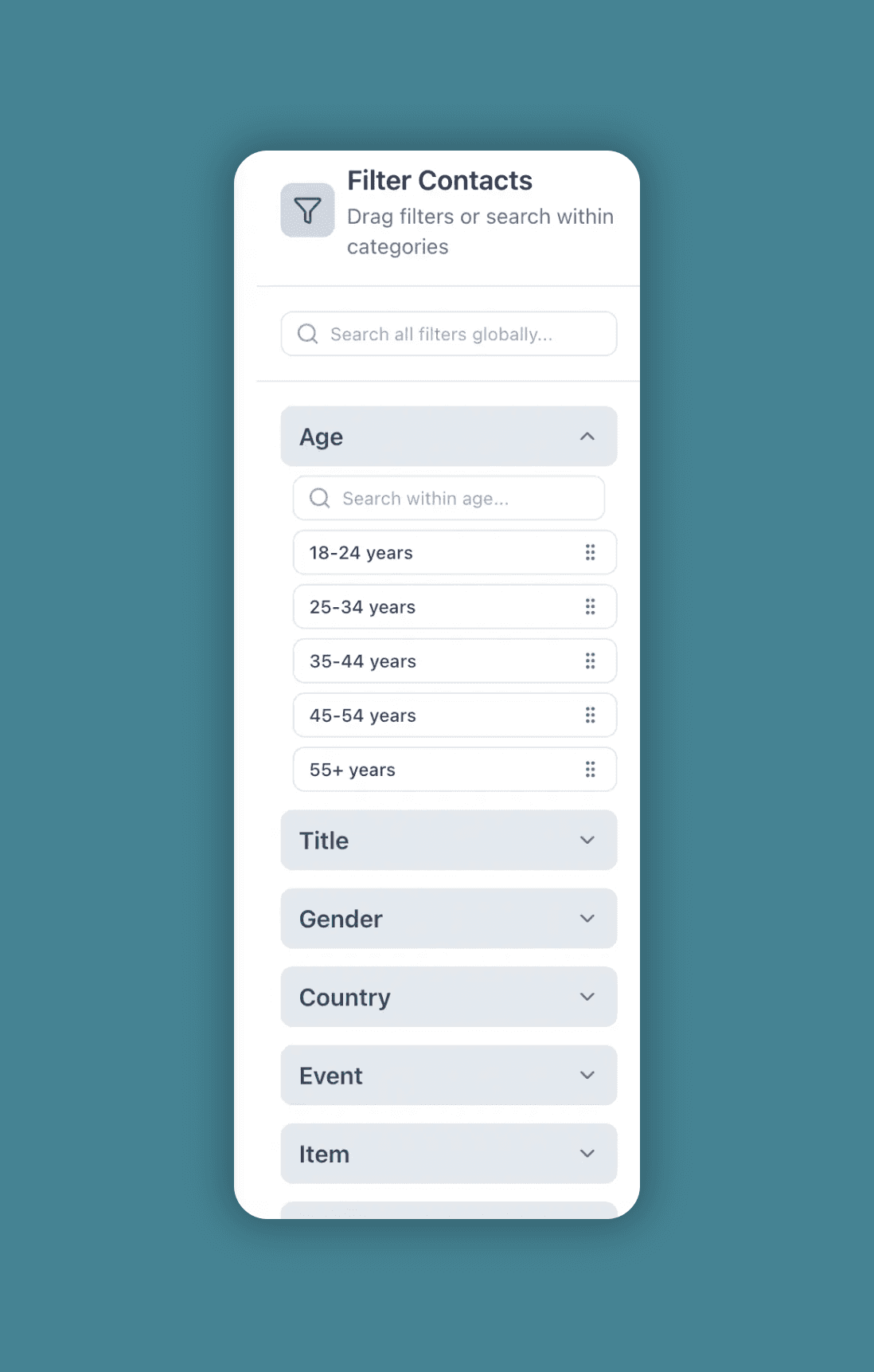 Filter categories panel with the Age category open, on a teal background