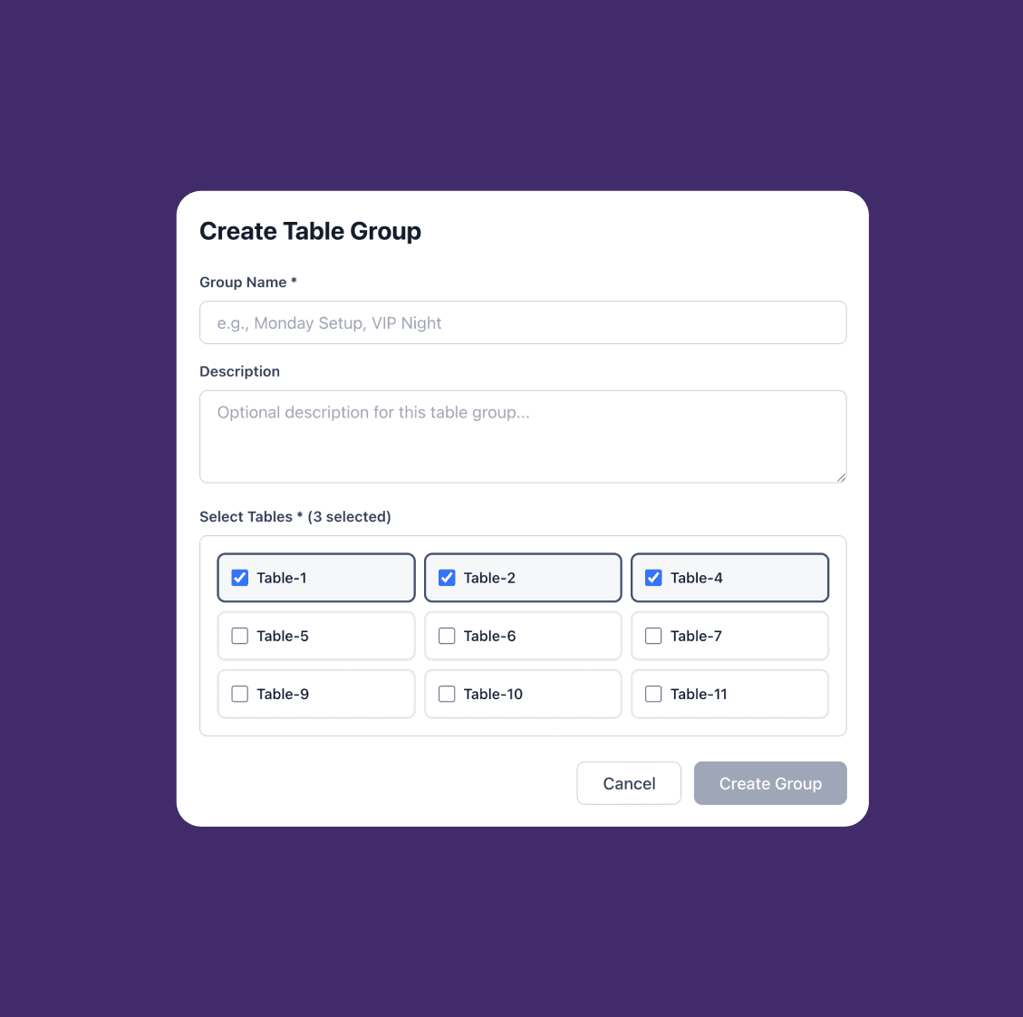 Create Table Group dialog: group name, description and the tables to include