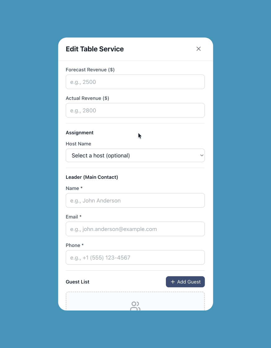 Edit Table Service form: forecast and actual revenue, host, serving times and status