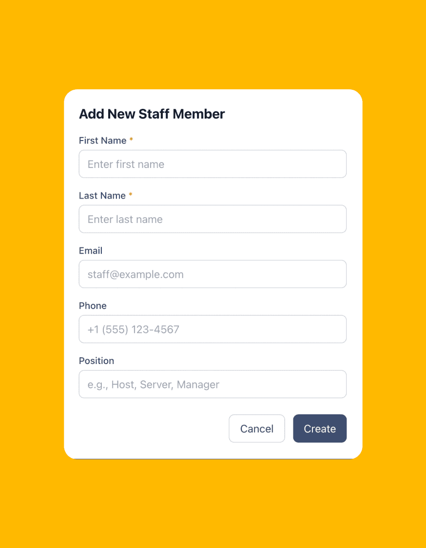 Add New Staff Member form: name, email, phone and position