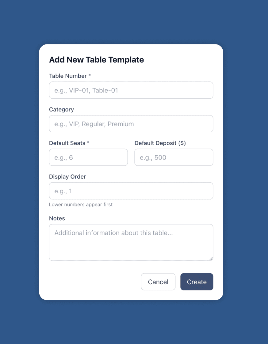 Add New Table Template form: table number, category, default seats, default deposit and display order