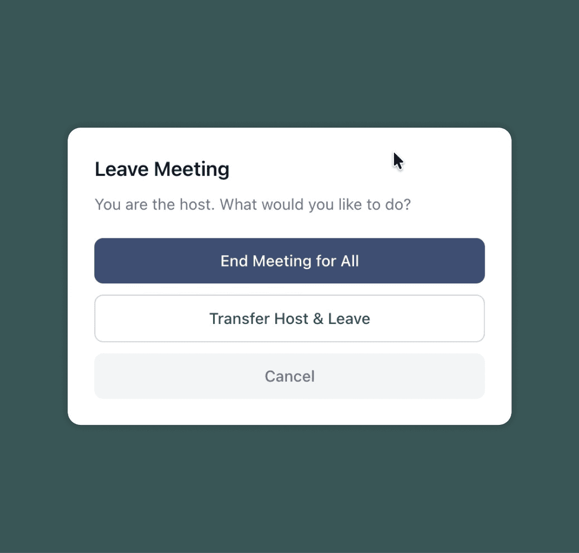 Leave Meeting dialog: End Meeting for All, or Transfer Host & Leave