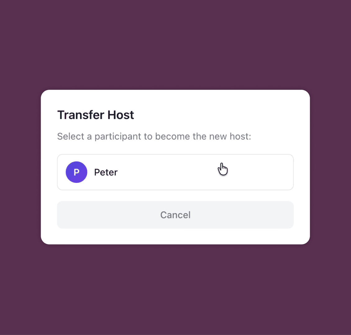 Transfer Host dialog for choosing the participant who becomes the new host