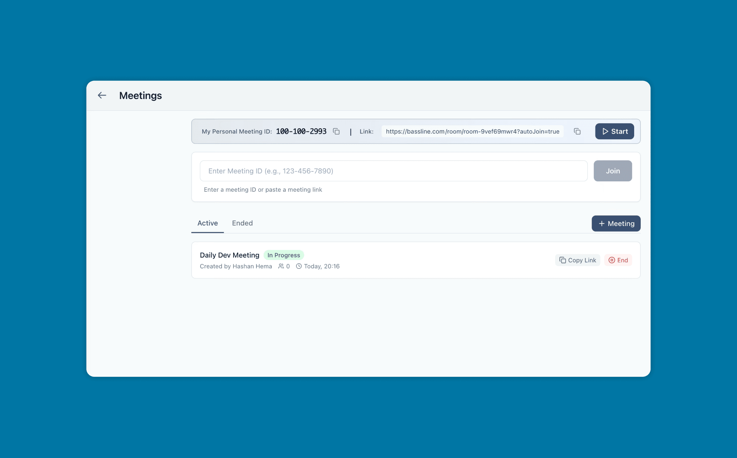 Meetings page: the personal meeting ID, a join box, and lists of active and ended meetings