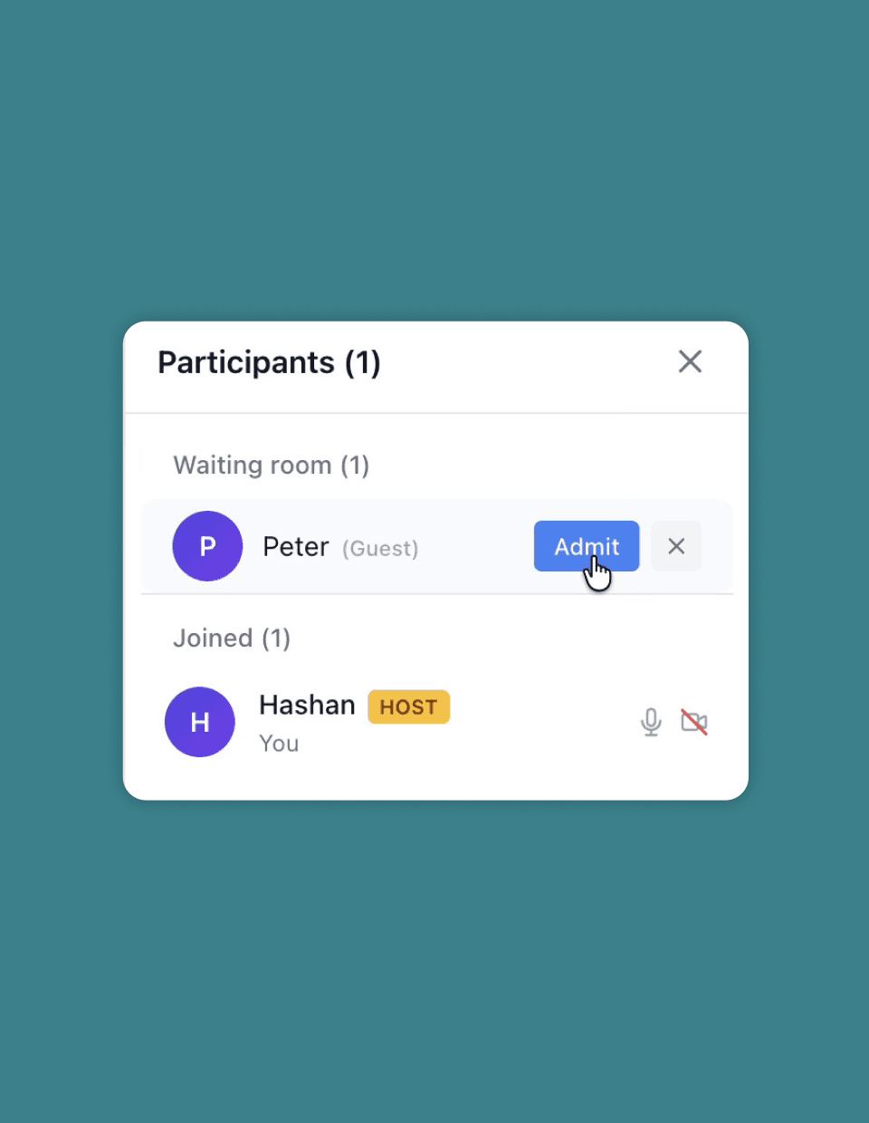 Participants panel showing Peter in the waiting room with an Admit button